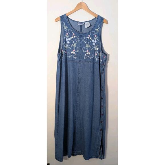 Erika & Co Womens Vtg Denim Embroidered Jumper Dress L Cottagecore Prairie Midi - Picture 1 of 7